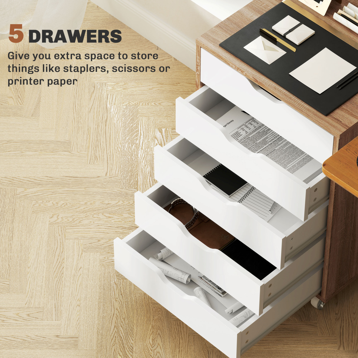 Vinsetto Mobile Filing Cabinet with 5 Drawers and Lockable Wheels – Home Office Storage Unit, Oak