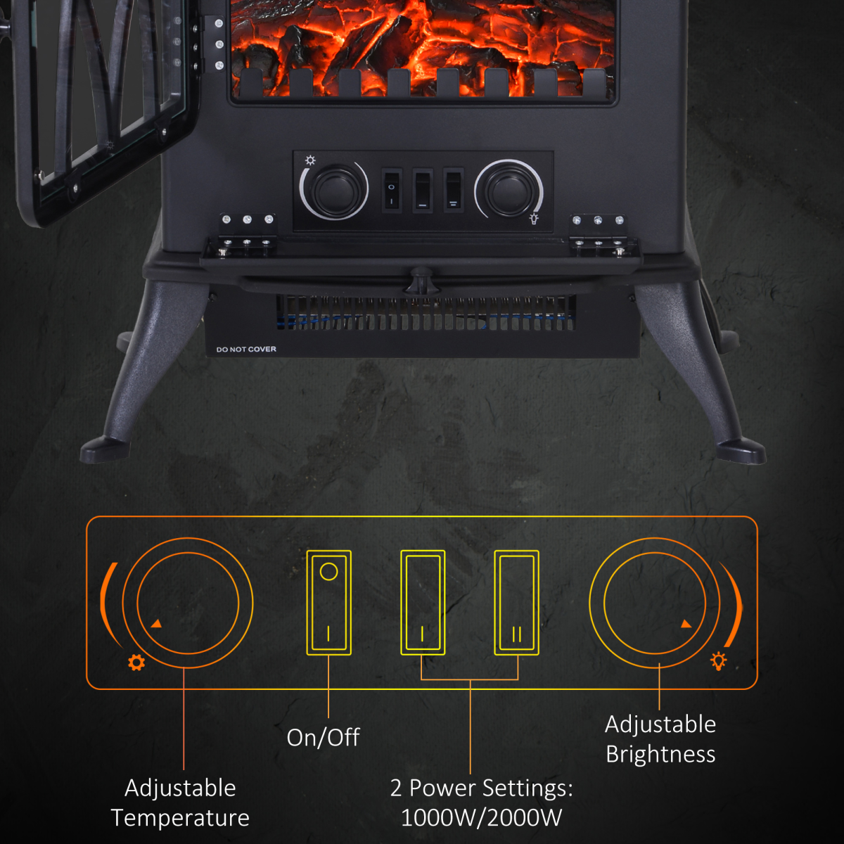HOMCOM 1850W Freestanding Electric Log Burner Stove with Flame Effect – No Chimney Needed, Black
