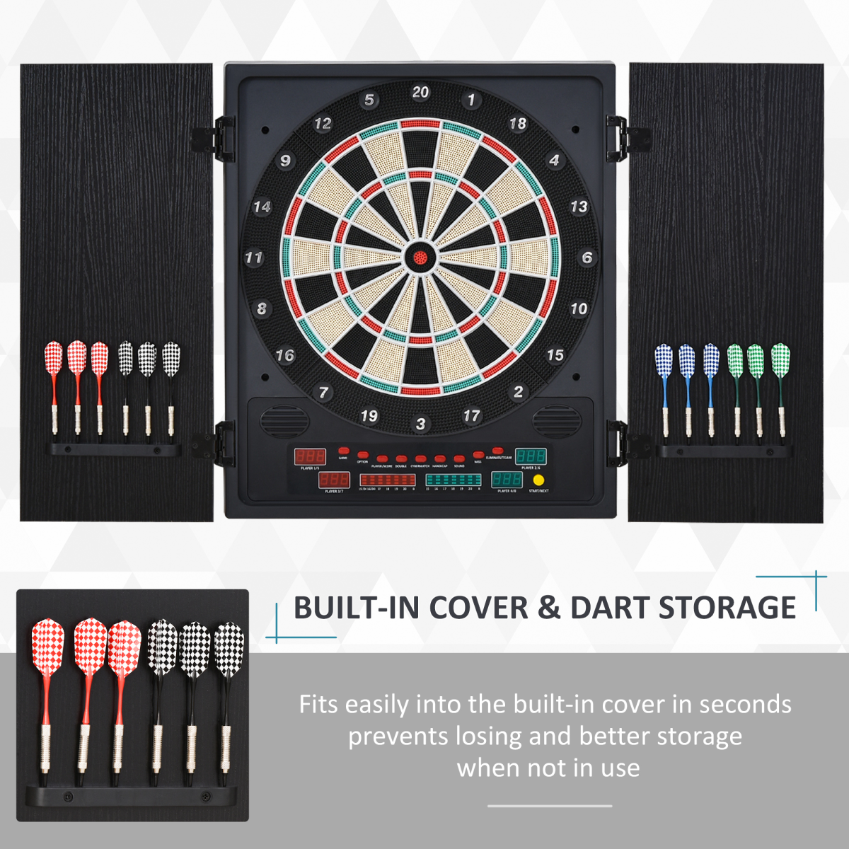 HOMCOM Electronic Dartboard with LED Scoreboard, 27 Games & Storage Cabinet – For Up to 8 Players