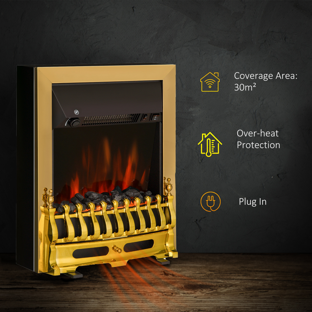 HOMCOM 2000W LED Flame Electric Fireplace with Coal Burning Effect – Freestanding Heater, Golden
