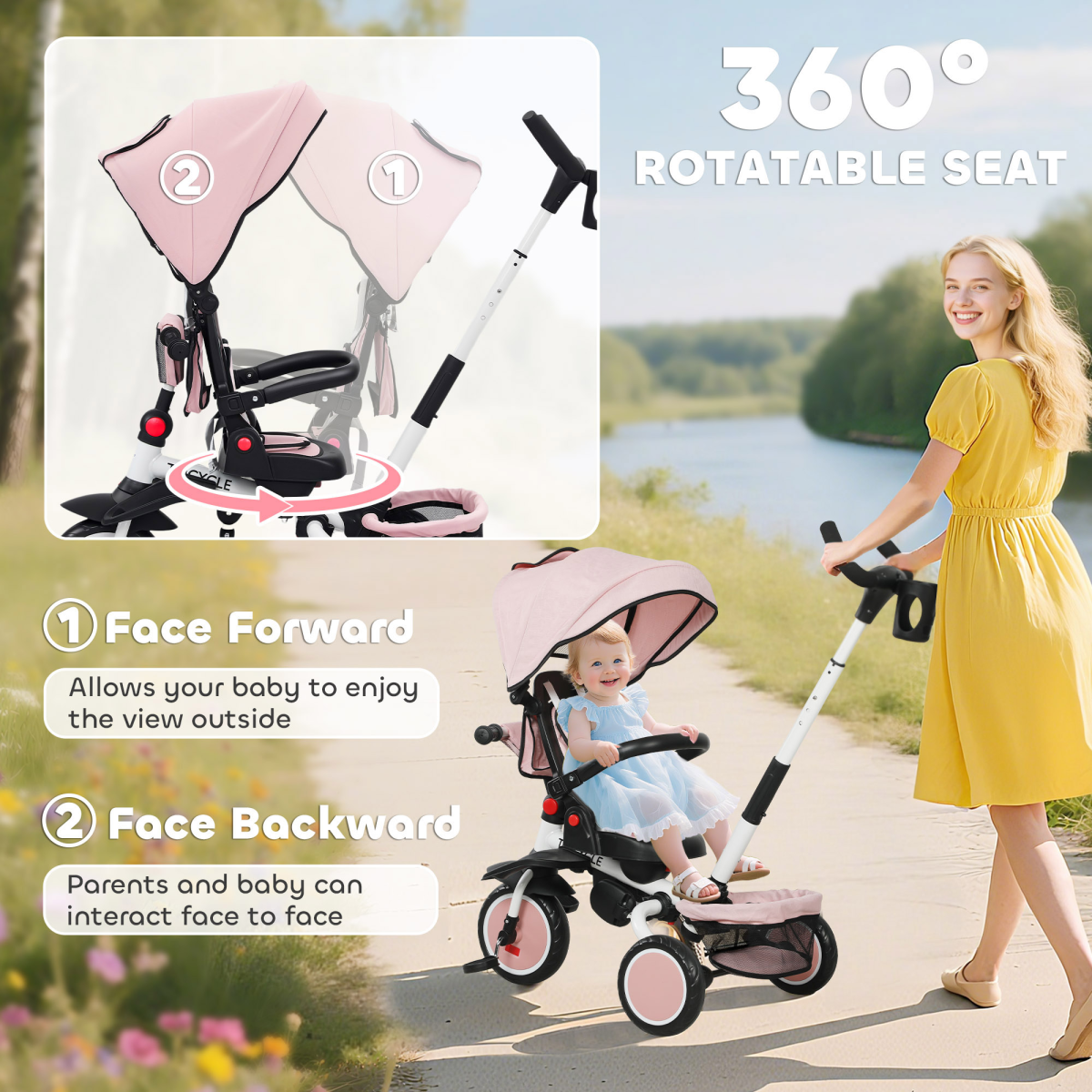 6-in-1 Kids Trike with Adjustable Backrest & Rotating Seat – Foldable Push Tricycle, 12-60 Months, Pink
