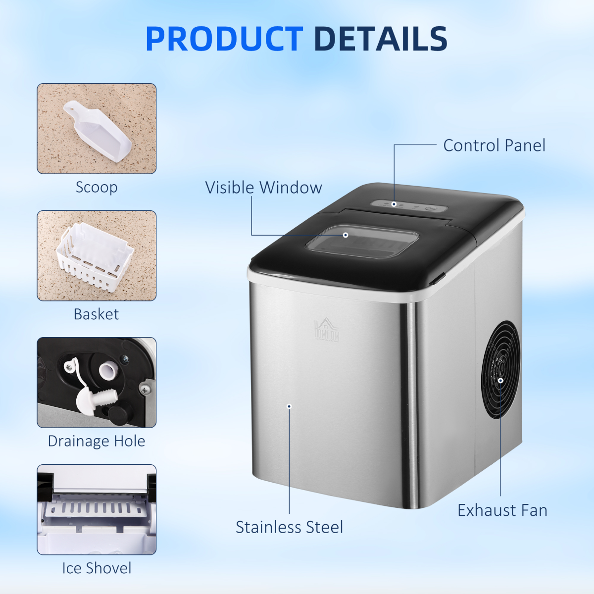 HOMCOM Portable Countertop Ice Maker with 9 Bullet-Shaped Cubes per Cycle – No Plumbing Required, Black