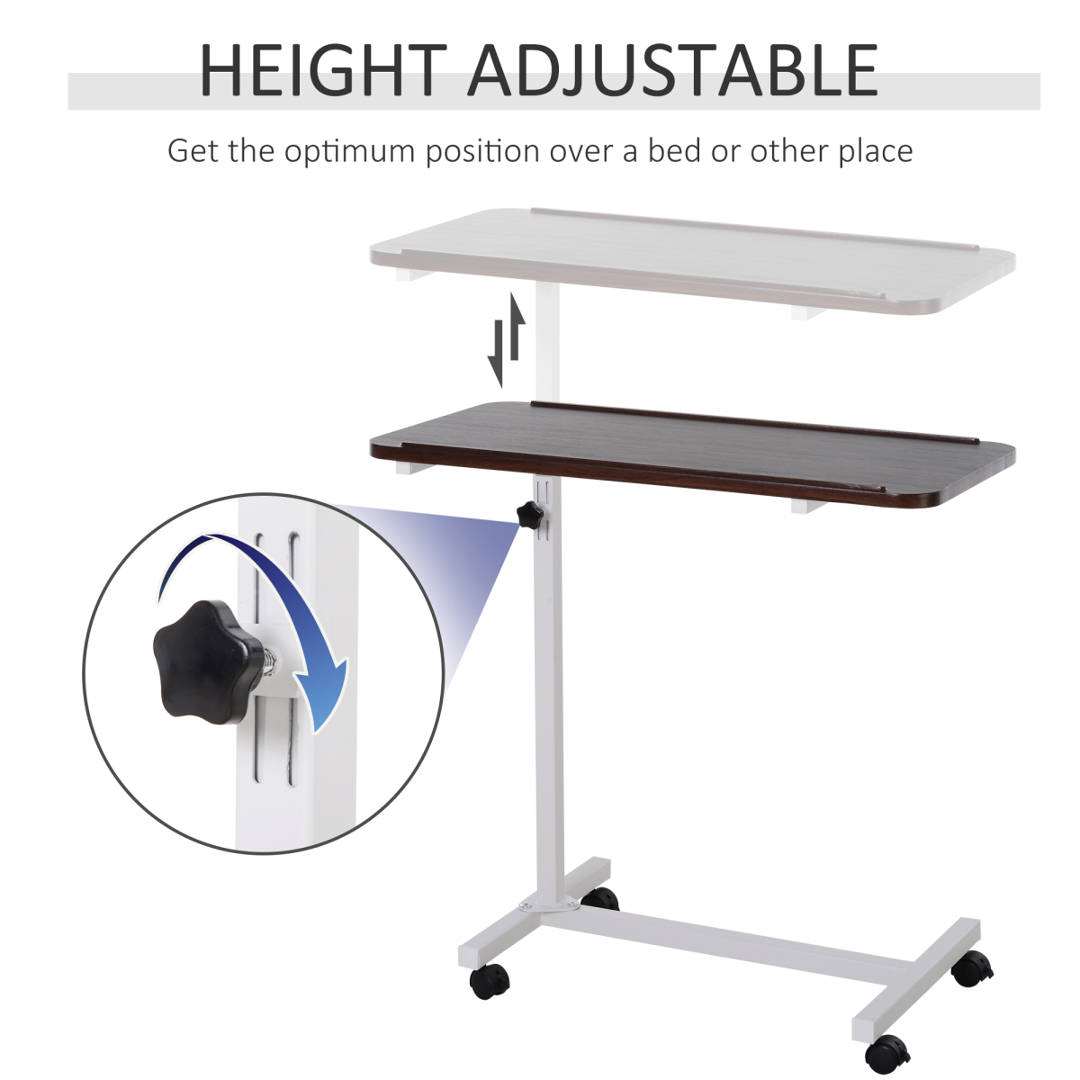 HOMCOM Height-Adjustable Overbed Table with Rolling Casters and Brakes – Sofa Side Table, White and Brown