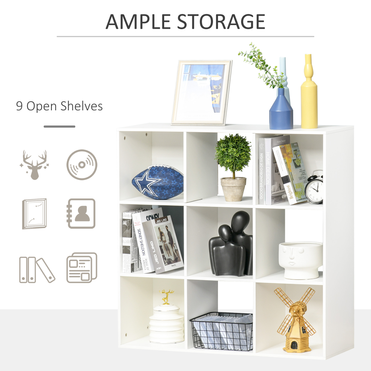 9-Cube Storage Bookcase Shelf Unit – Lightweight Display Organiser for Home Office and Playroom, White