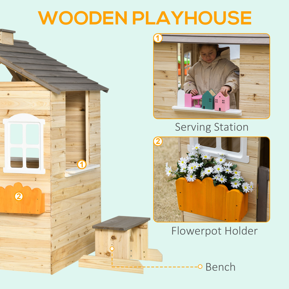 Outsunny Wooden Kids Playhouse with Door, Windows, Bench & Flowerpot Holders – Outdoor Wendy House, Ages 3-7