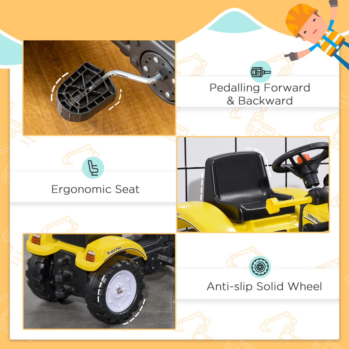 HOMCOM Pedal Go Kart Ride-On Excavator with Metal Frame, Hand Brake & Front Digger – Kids Toy, Yellow and Black
