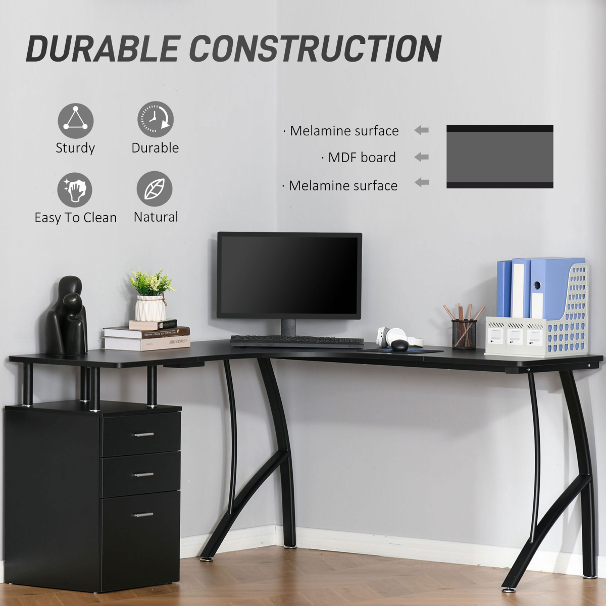L-Shaped Corner Computer Desk with 3 Drawers & Steel Frame – Space-Saving Home Office Workstation, Black