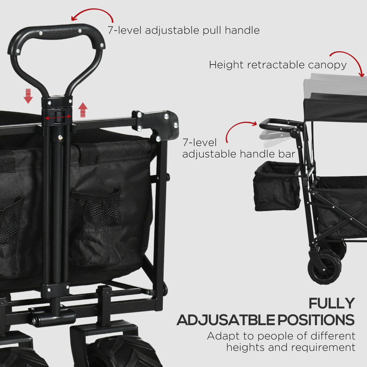 Outsunny Folding Trolley Cart with 4 Wheels, 2 Compartments and Canopy – Garden Storage Wagon, Black