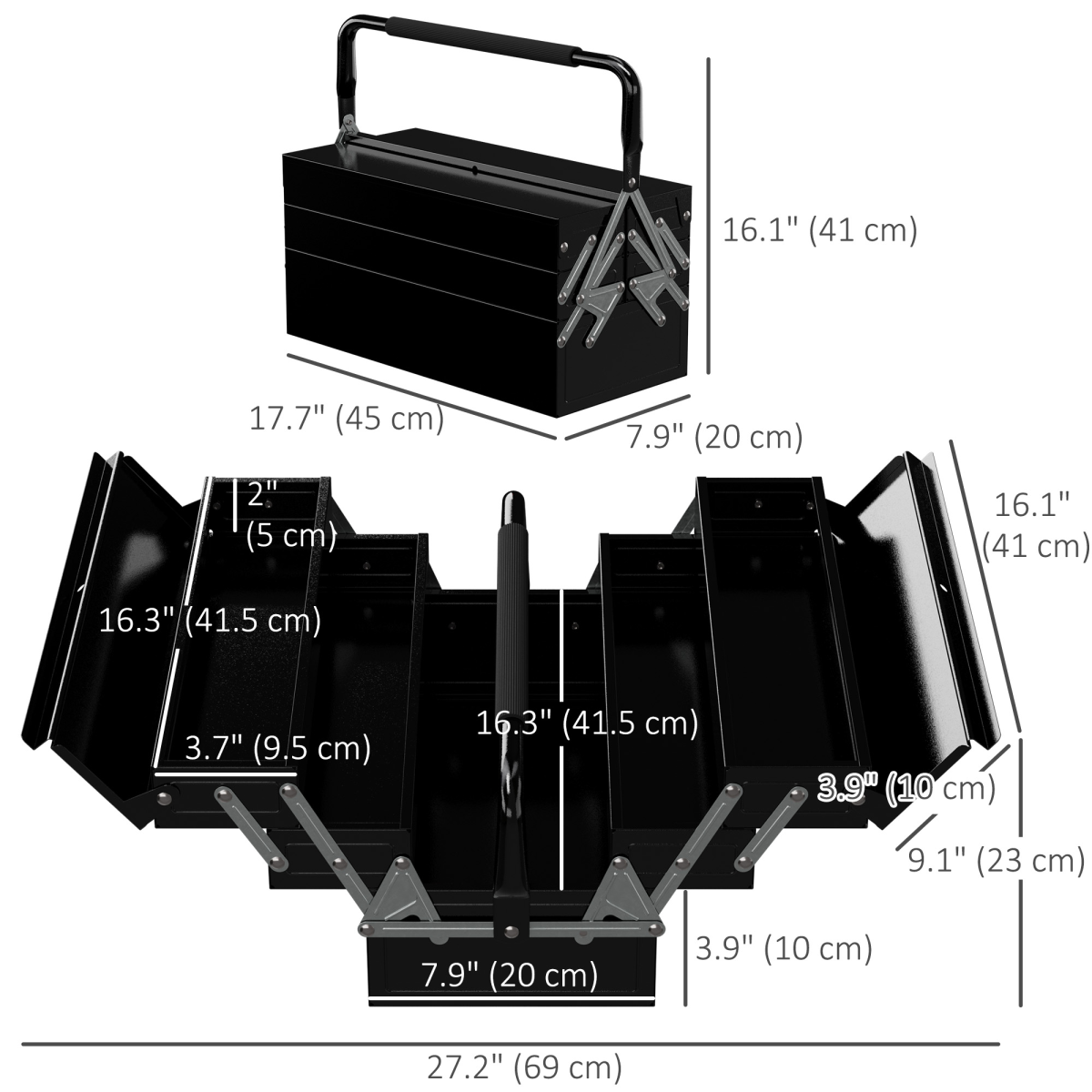 Folding Tool Box with 5 Collapsible Trays – Rust-Resistant Steel Organiser for Home and Workshop, Black