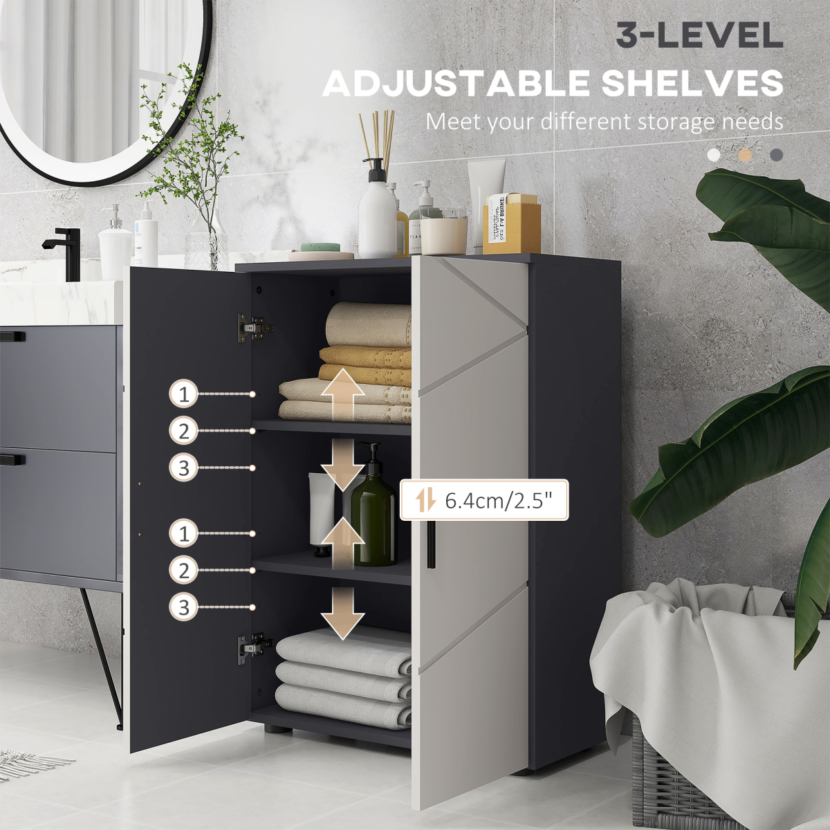 kleankin Small Bathroom Storage Cabinet with Soft Close Doors & Adjustable Shelves – Anti-Tip Design, Grey
