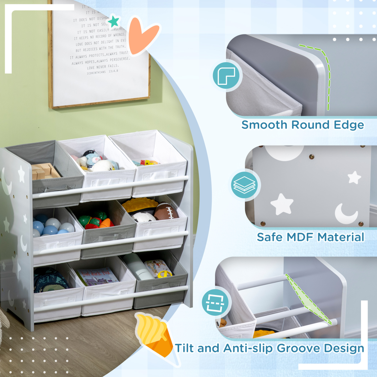 ZONEKIZ Storage Unit with 9 Removable Storage Baskets for Nursery Playroom – Grey
