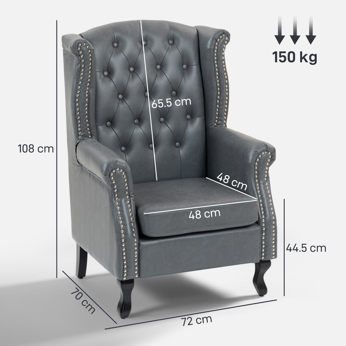 HOMCOM Chesterfield-Style Wingback Armchair with Tufted Faux Leather Upholstery & Eucalyptus Wood Frame – Grey