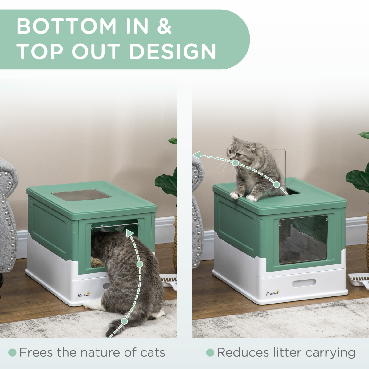 PawHut Hooded Cat Litter Box with Scoop & Removable Tray – Portable Enclosed Pet Toilet, Green