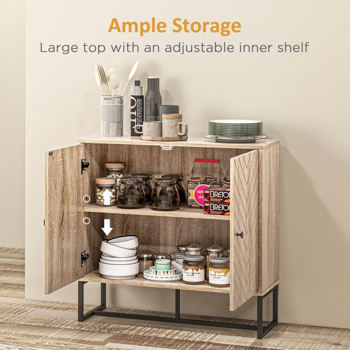 Embossed Arrow Storage Cabinet with Adjustable Shelf, Metal Frame & Handles – Versatile Home Storage