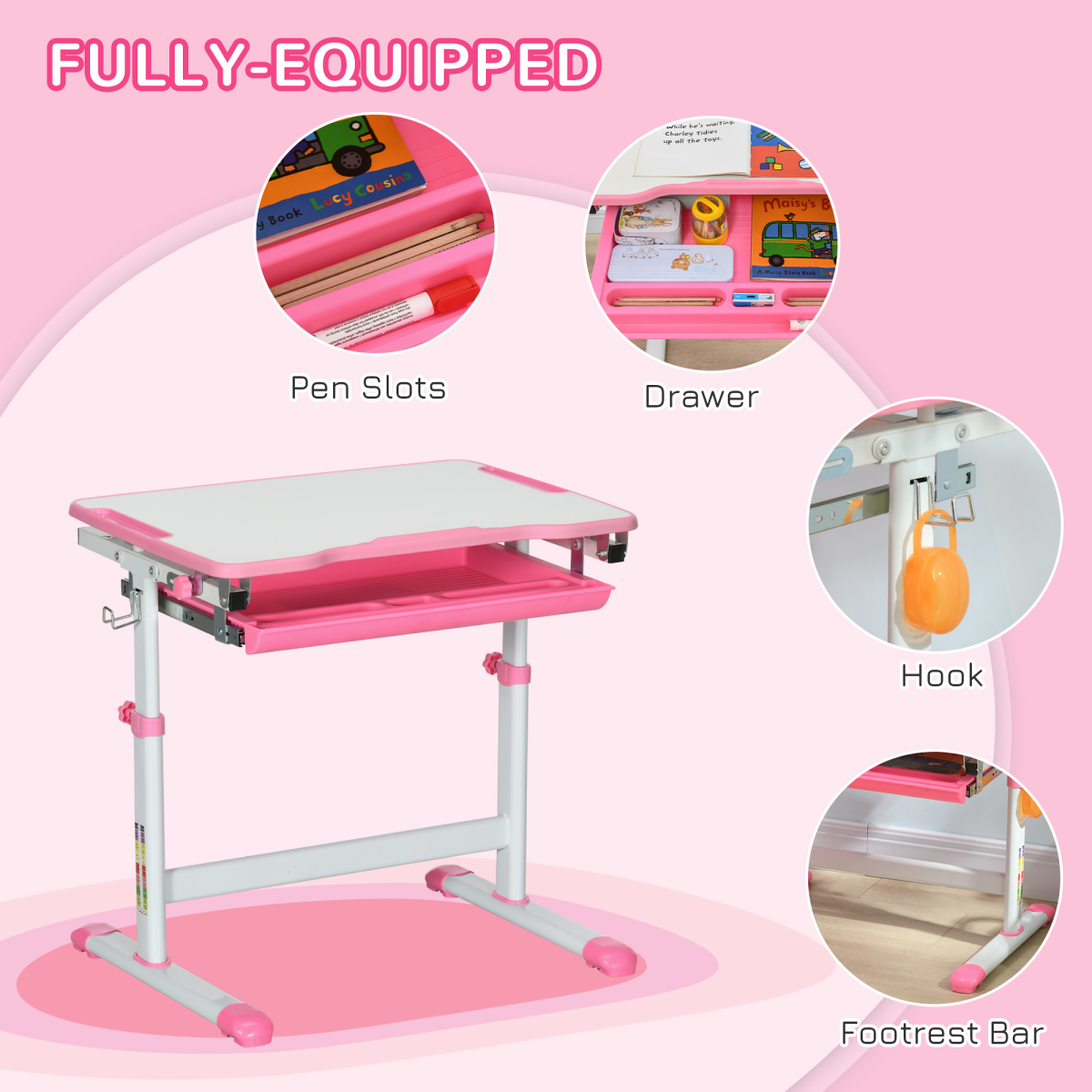 HOMCOM Kids Desk and Chair Set with Height-Adjustable Table, Drawer, Pen Slot & Hook – Study Desk, Pink