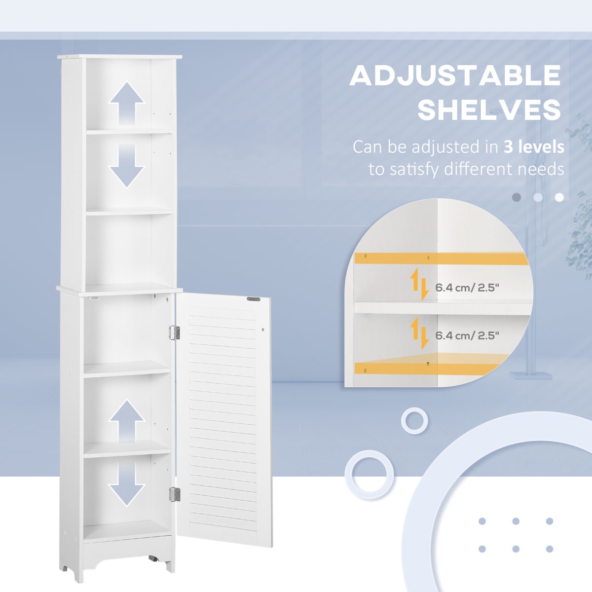 HOMCOM 6-Tier Tall Bathroom Storage Cabinet with Shutter Door – Slim Narrow Unit, White