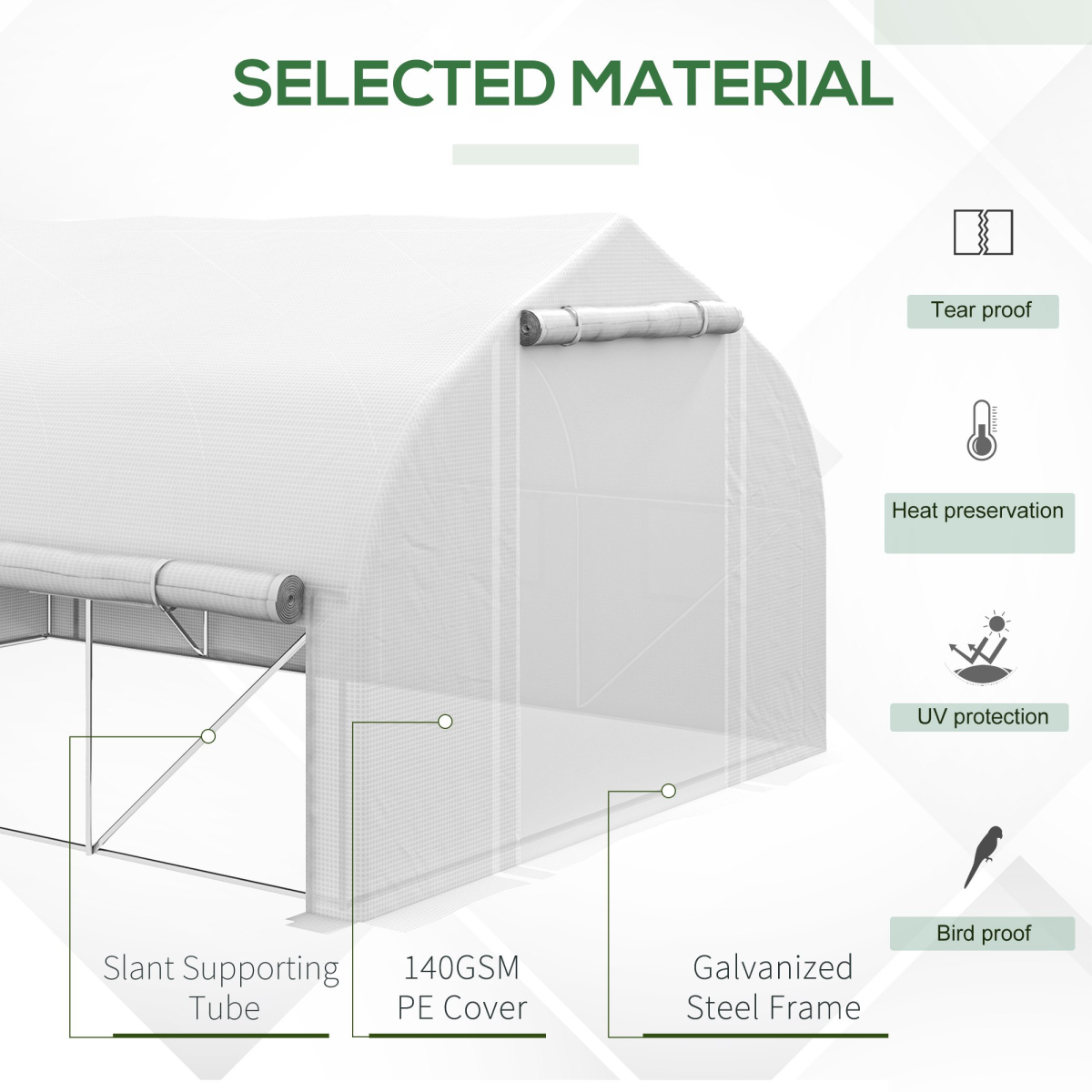 Outsunny 4 x 3m Polytunnel Greenhouse with Roll-Up Sidewalls, Mesh Door & Plant Labels, Galvanised Steel, White