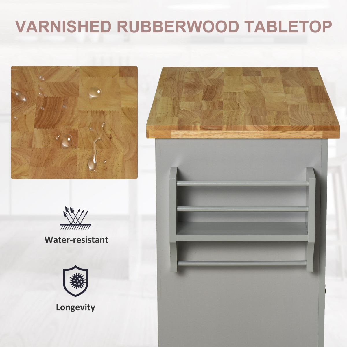 HOMCOM Rolling Kitchen Island Cart with Rubberwood Top, Spice Rack & Towel Rack – Mobile Kitchen Trolley