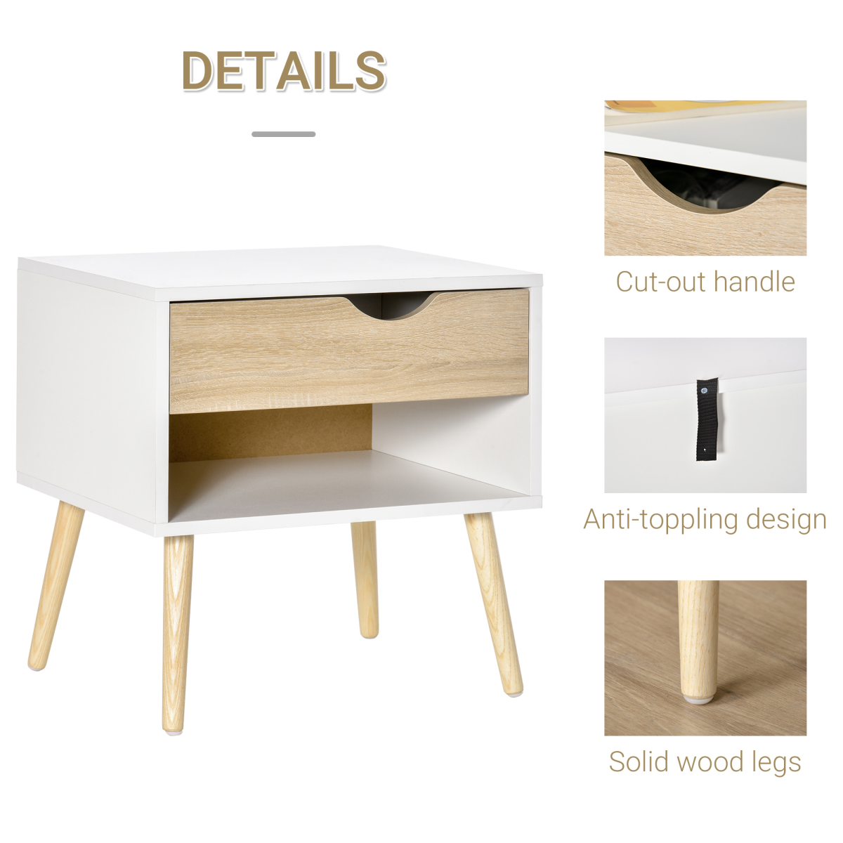 HOMCOM Bedside Table with Drawer and Open Shelf – Modern Nightstand and Side Table with Solid Wood Legs