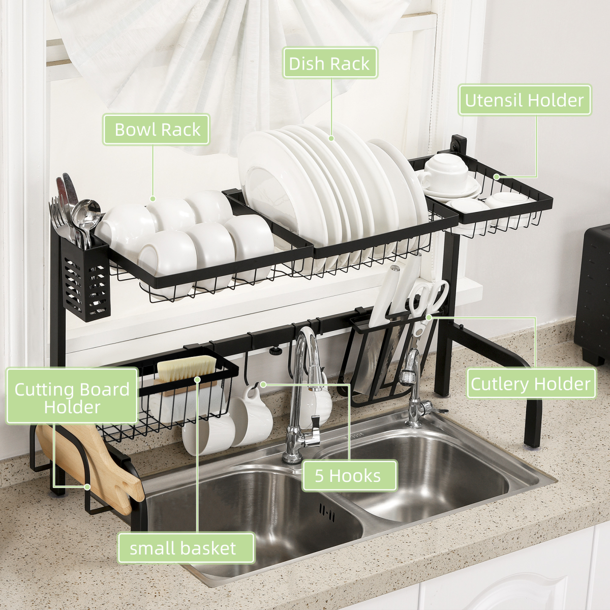 2-Tier Over the Sink Dish Drying Rack with Adjustable Width – Space-Saving Drainer with Cutlery Holders