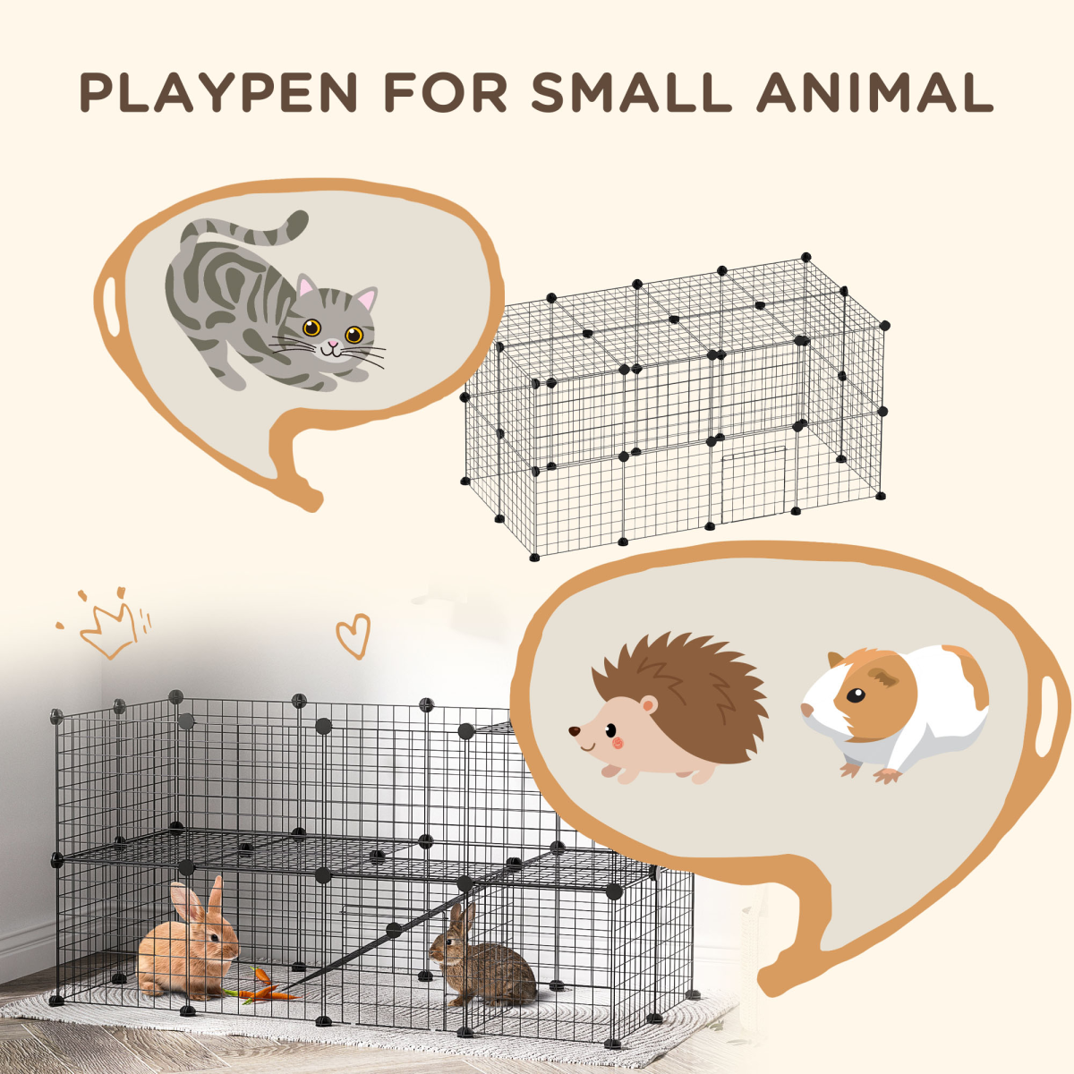 PawHut DIY 36-Panel Small Animal Playpen – Metal Cage with Door for Rabbits, Guinea Pigs and Chinchillas