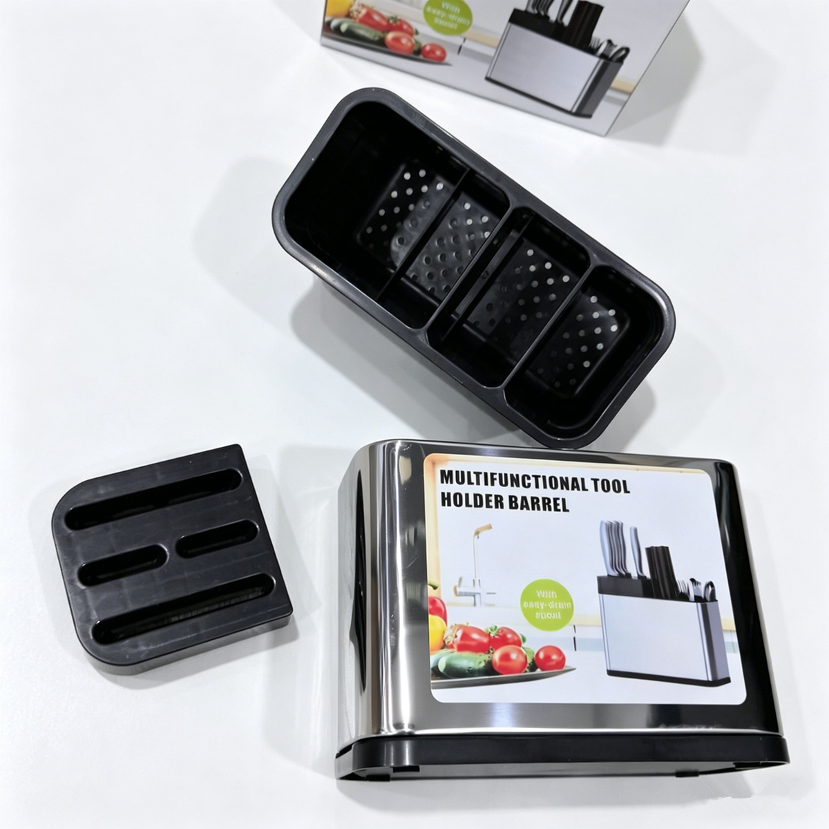 Stainless Steel Cutlery Holder with 3 Compartments – Free-Standing Knife Block and Utensil Organiser, Silver