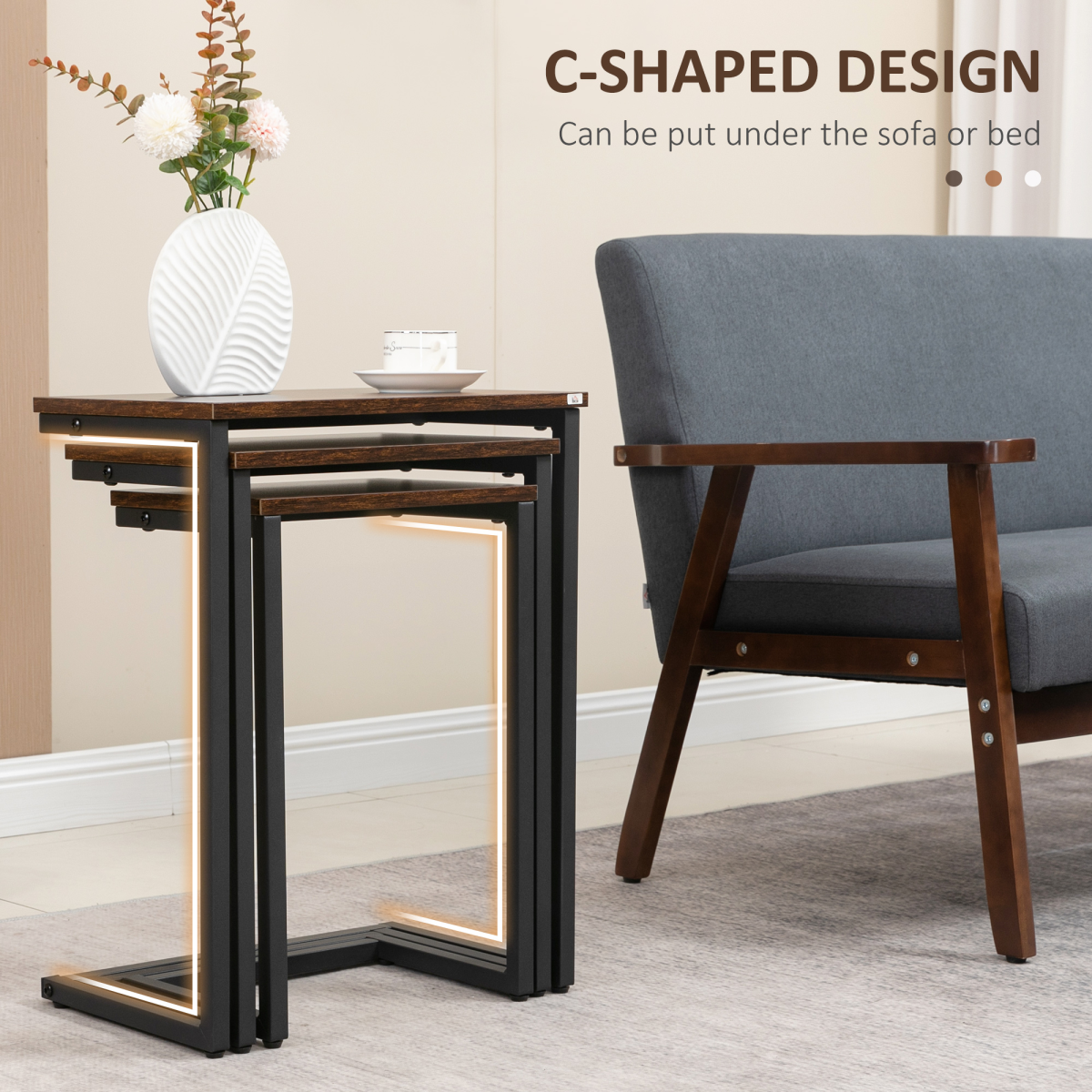 HOMCOM C-Shaped Nesting Tables Set of 3 with Steel Frame – Industrial Sofa Side Tables, Rustic Brown