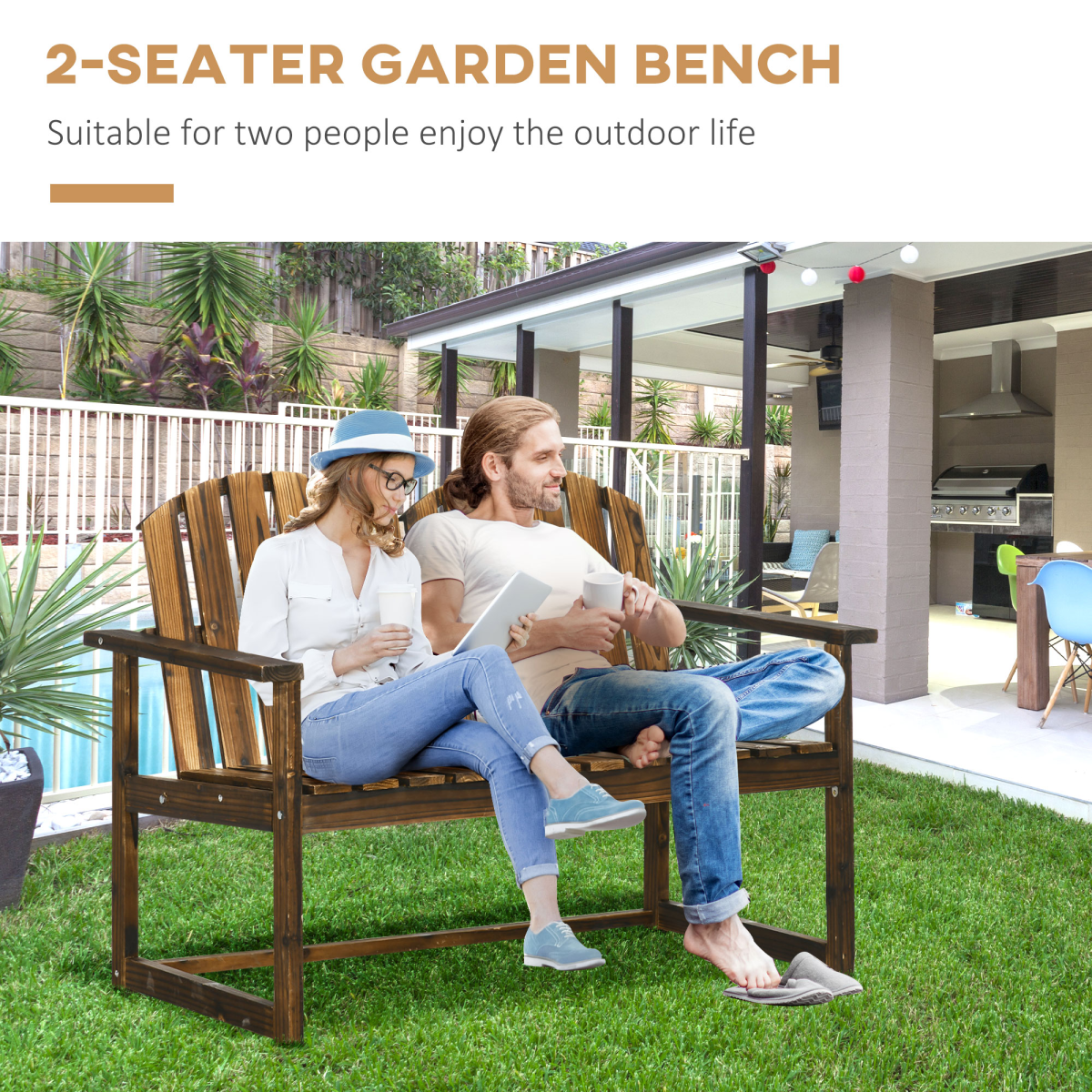 Outsunny Outdoor Wooden Bench for Two – Fir Wood Patio Loveseat with Slatted Backrest, Rustic Look