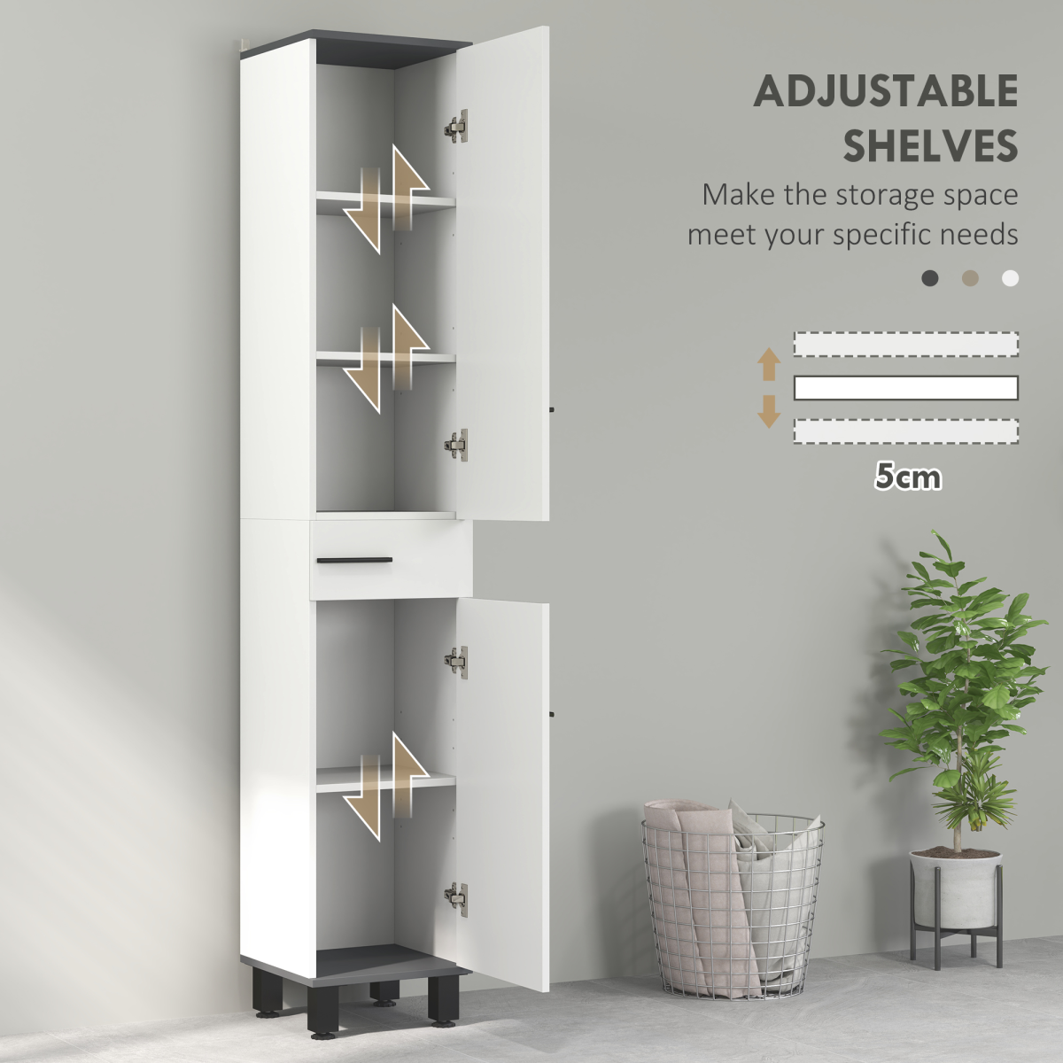 HOMCOM Tall Slim Bathroom Cabinet with Double Doors, Drawer & Adjustable Shelves – White and Black