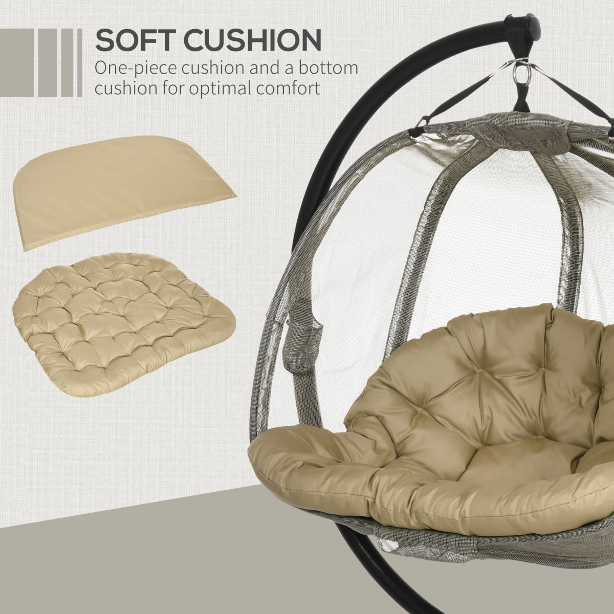 Outsunny Double Hanging Egg Chair with Cushion and Stand – 2-Seater Garden Swing Hammock, Brown
