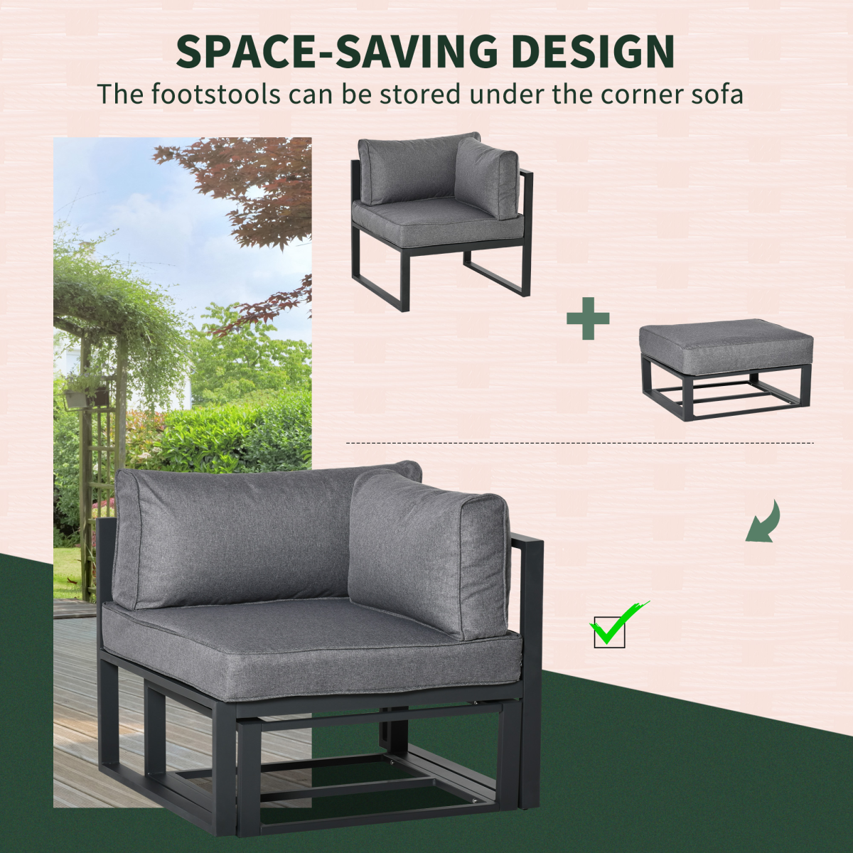 Outsunny 6-Piece Garden Daybed Sofa Set with Coffee Table & Footstools – Convertible Aluminium Lounge Set, Grey