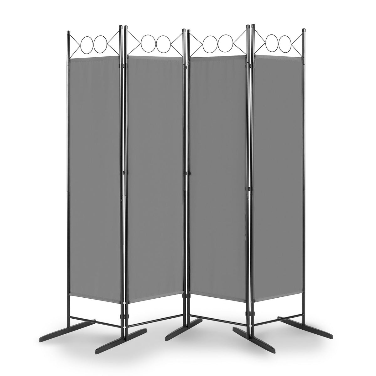 5.7ft 4-Panel Folding Room Divider with Shaped Top – Polyester Fabric Privacy Screen, Steel Frame, Grey