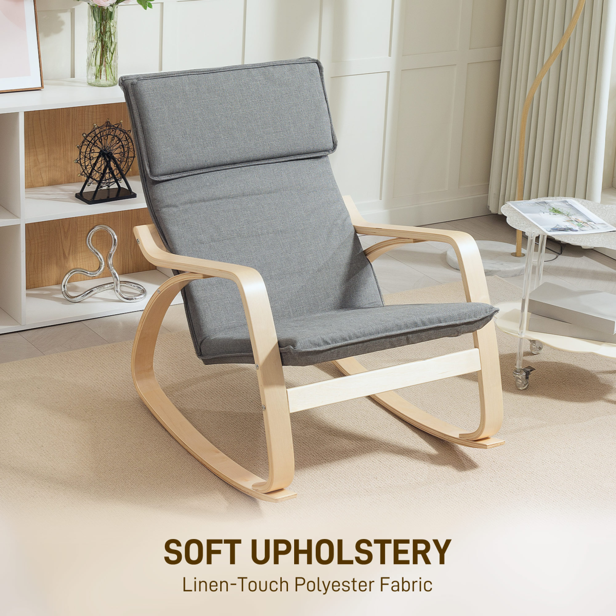 Rocking Chair with High Back, Headrest & Curved Wooden Frame – Linen-Feel Upholstered Armchair, Grey