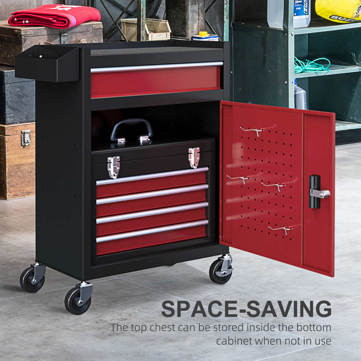 HOMCOM 5 Drawer Rolling Tool Cabinet with Top Tool Chest Combo – Steel Garage & Workshop Storage