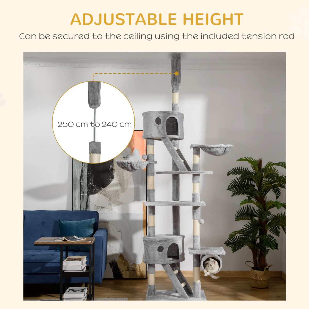 PawHut 240–260cm Floor-to-Ceiling Cat Tree with Scratching Posts, Houses & Hammocks – Cat Tower, Light Grey