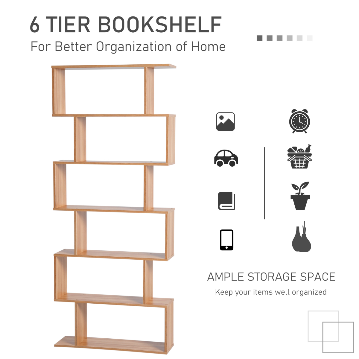 6-Tier Wooden S-Shaped Shelf Storage Unit – Distinctive Bookcase for Books & Décor, Maple