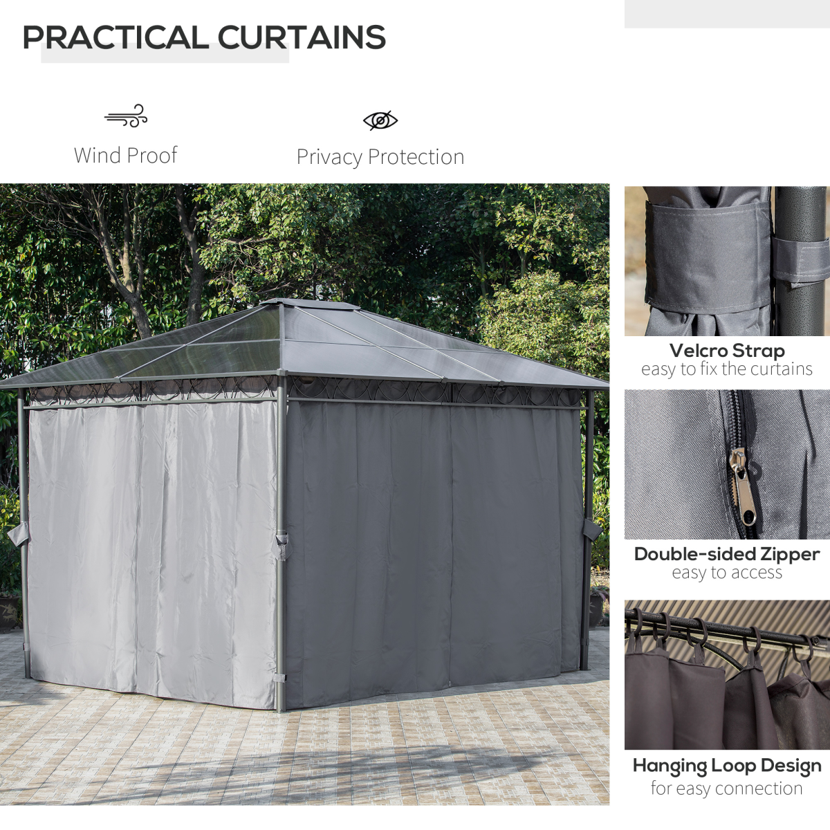 Outsunny 3.6 x 3m Hardtop Gazebo with 7mm Polycarbonate Roof & 4 Zip Curtains – Steel Frame Shelter