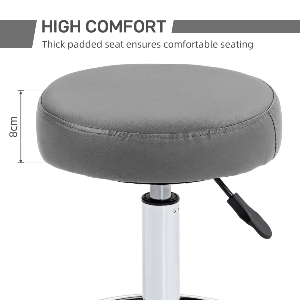Vinsetto Round PU Leather Salon Stool with Footrest and Adjustable Height – 5 Wheels, Backless Design, Grey