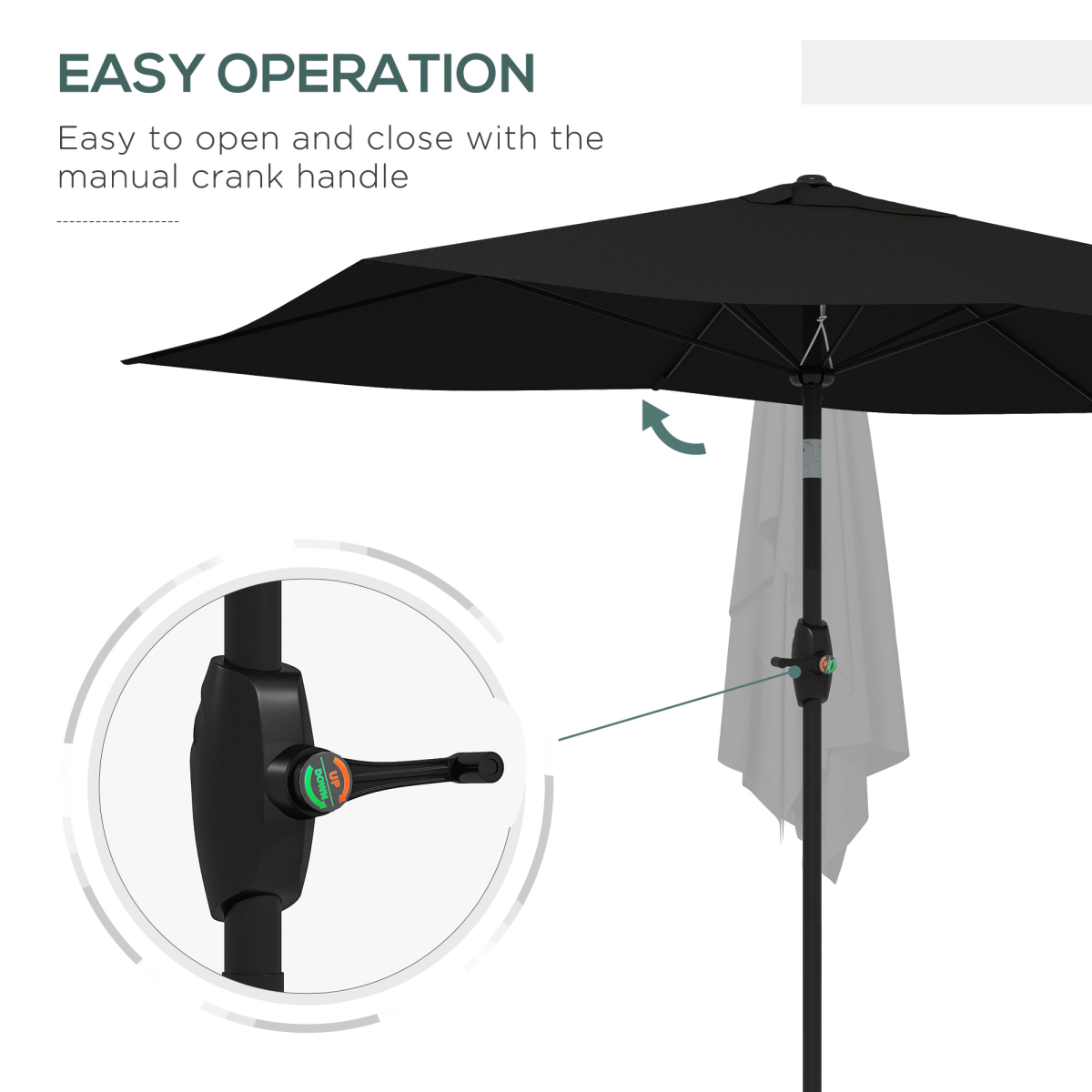 Outsunny 2 x 3m Rectangular Garden Parasol with Crank Handle & Tilt, UV Resistant – Patio Sunshade, Black