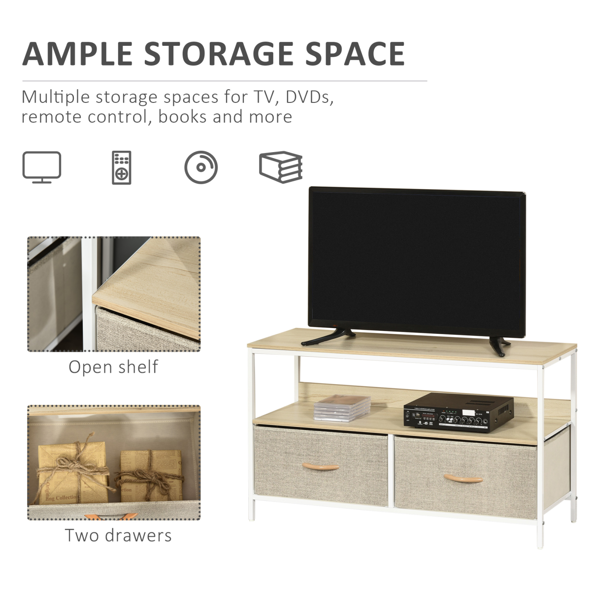 HOMCOM TV Cabinet with 2 Foldable Linen Drawers & Open Shelf – Living Room Media Storage, Maple