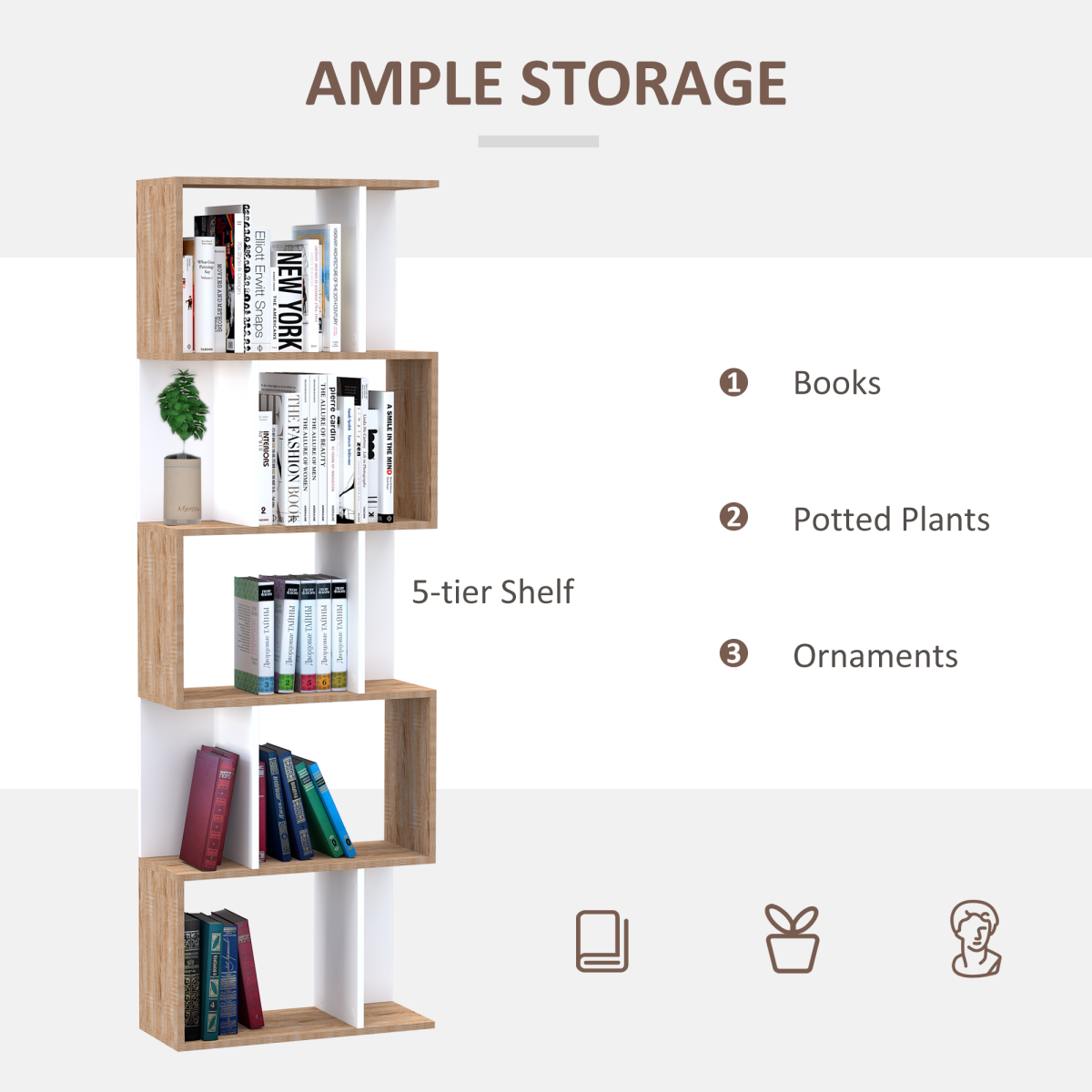 S-Shaped 5-Tier Bookcase – Modern Open-Back Shelf and Room Divider with Anti-Fall Hardware, White