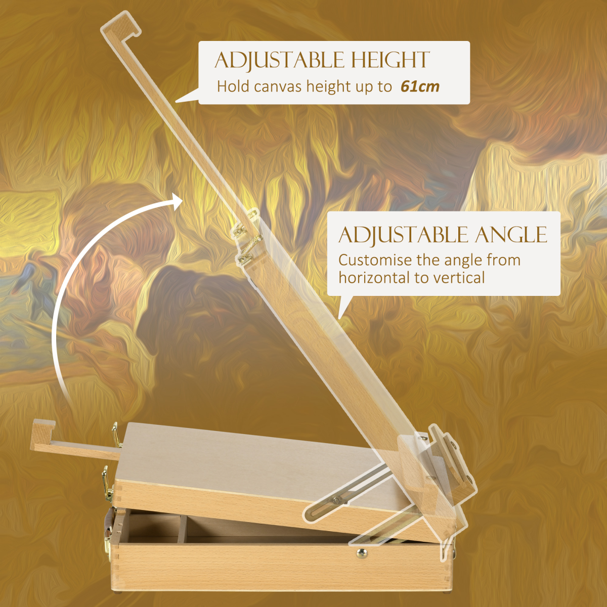 Vinsetto Wooden Table Easel Box with Adjustable Angle, Holds Canvas up to 61cm – Foldable Sketch Board