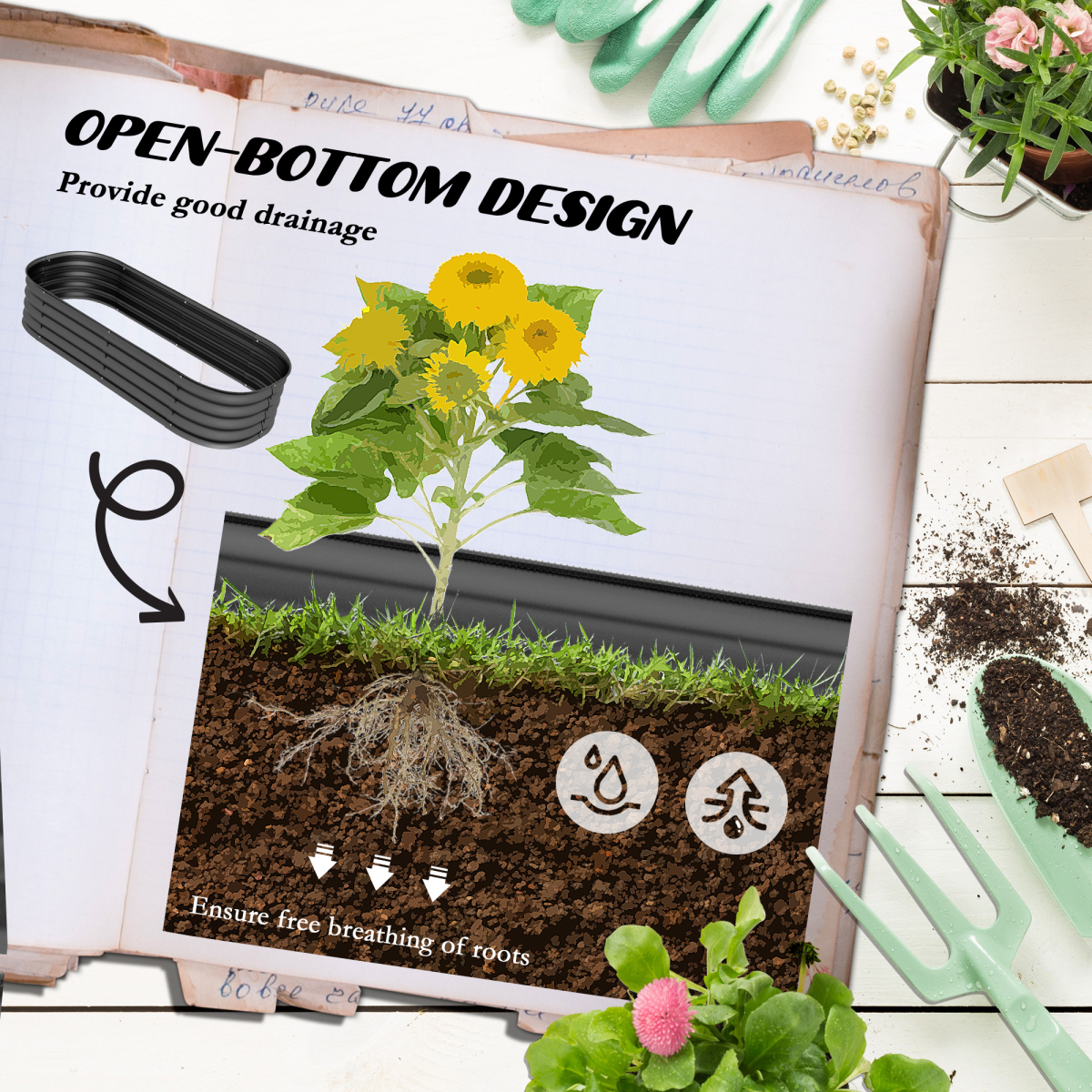Outsunny Galvanised Steel Raised Garden Bed with Safety Edging – Round, Oval or Oblong Planter, Dark Grey