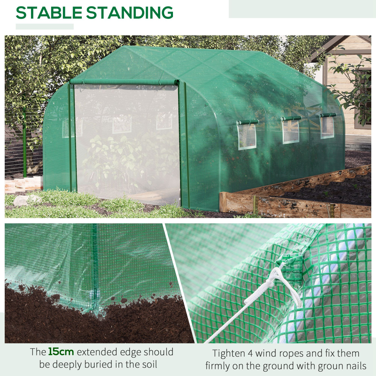 Outsunny Walk-in Garden Greenhouse 3.5 x 3 x 2m with Zippered Roll-Up Door & 6 Mesh Windows – Green