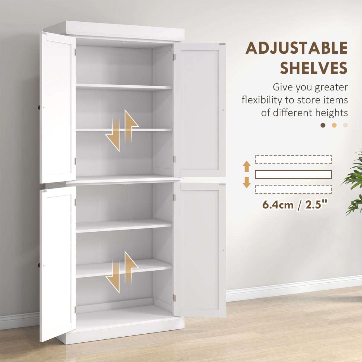 HOMCOM Freestanding Kitchen Cupboard with Six Inner Shelves, Four Adjustable – Larder Storage Cabinet, White