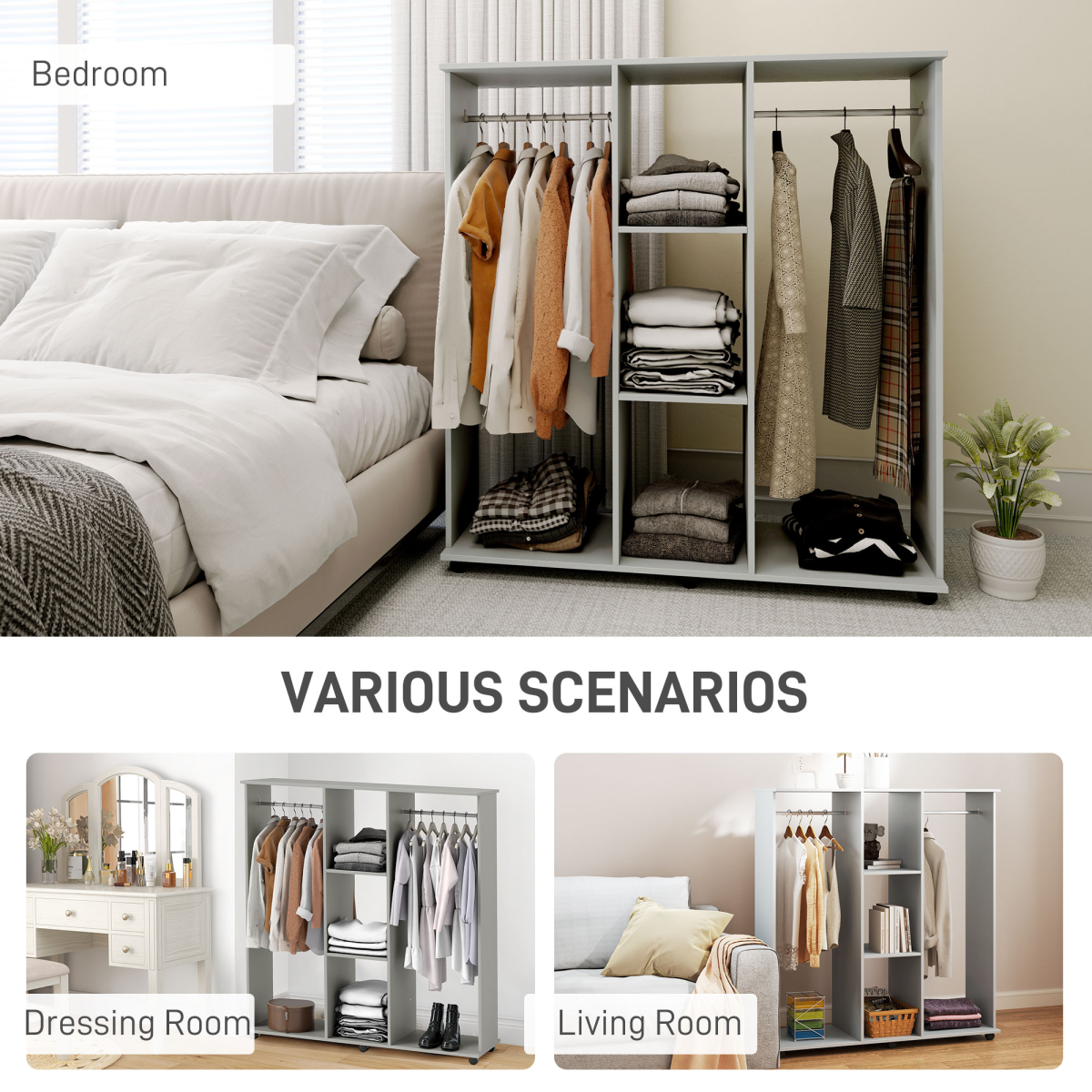 HOMCOM Mobile Double Open Wardrobe with 2 Hanging Rails and Wheels – Bedroom Clothes Storage, Grey
