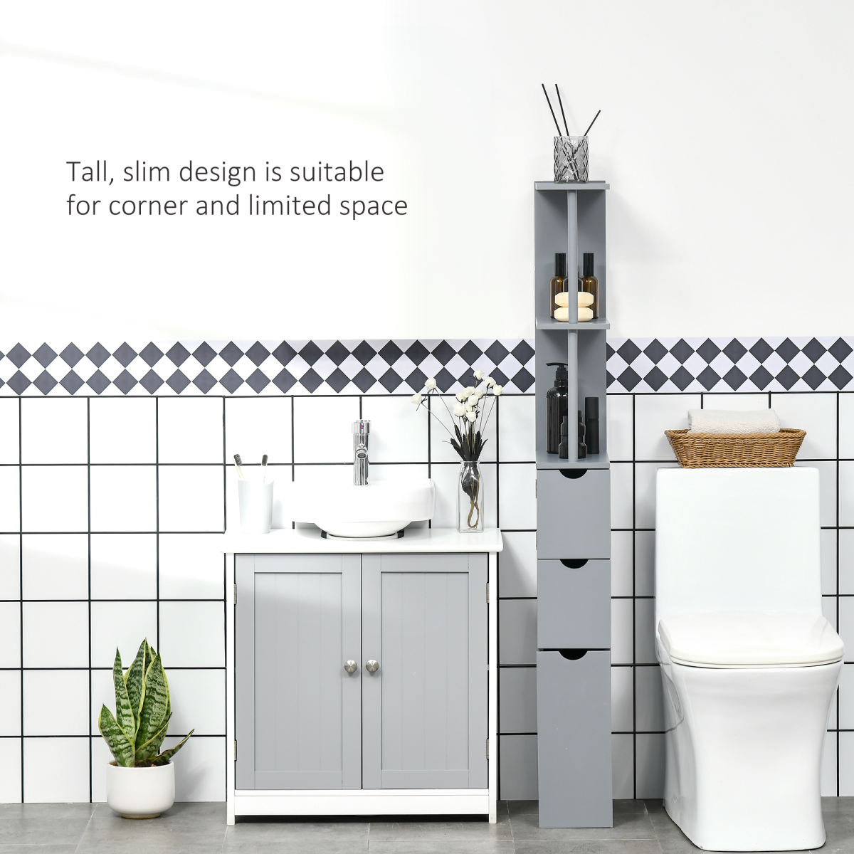 HOMCOM Tall Slimline Bathroom Storage Cabinet with Open Shelves, Cupboard and Drawers – Anti-Tipping Design, Grey