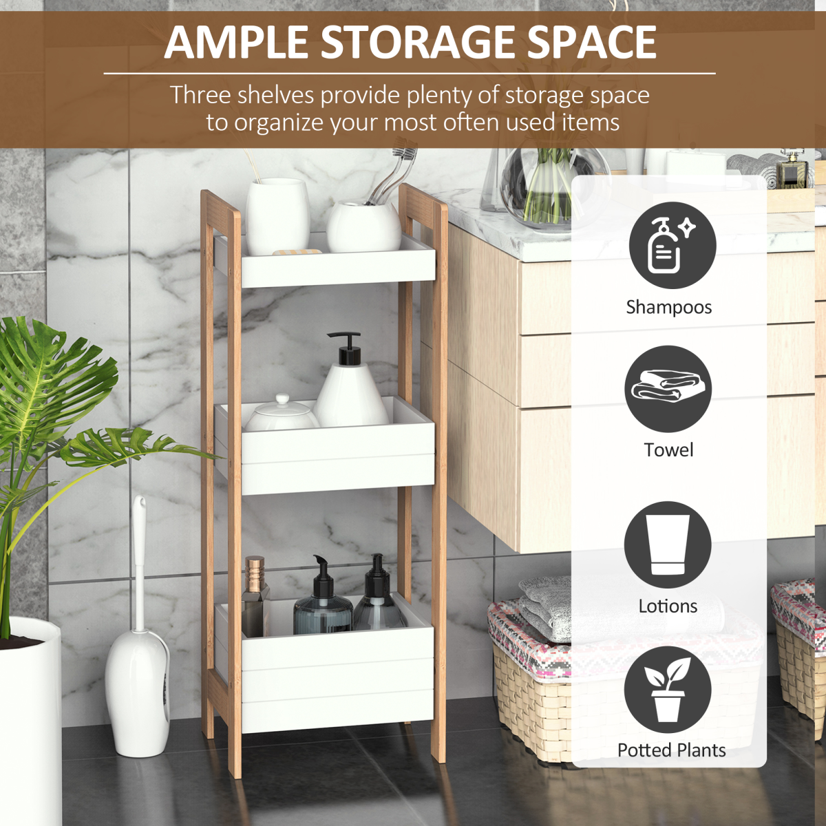 HOMCOM 3-Tier Bamboo Bathroom Shelving Unit – Freestanding Towel & Toiletry Storage, Natural