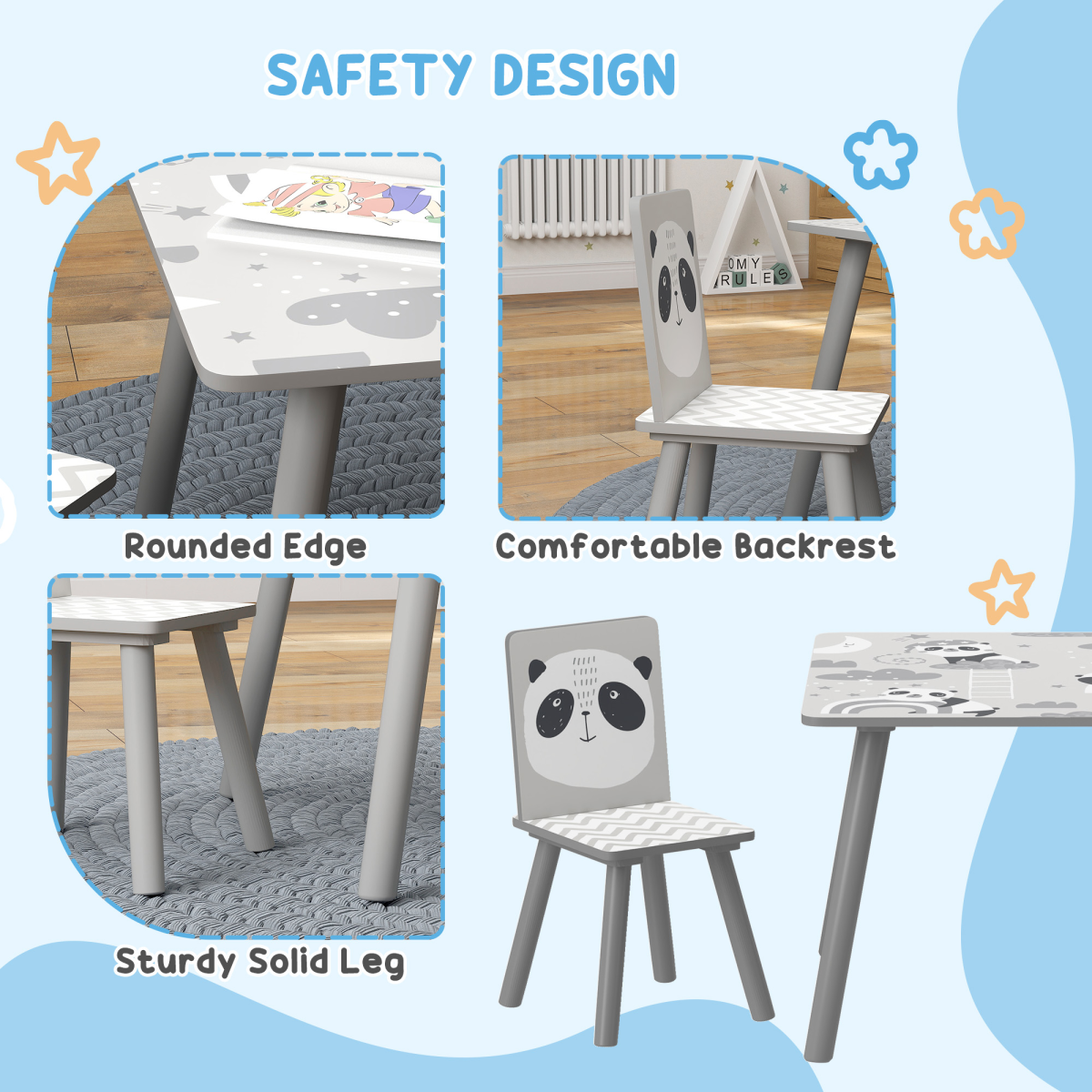 ZONEKIZ Kids Table and 2 Chairs Set – Three-Piece Toddler Activity Desk for Crafts & Homework, Grey