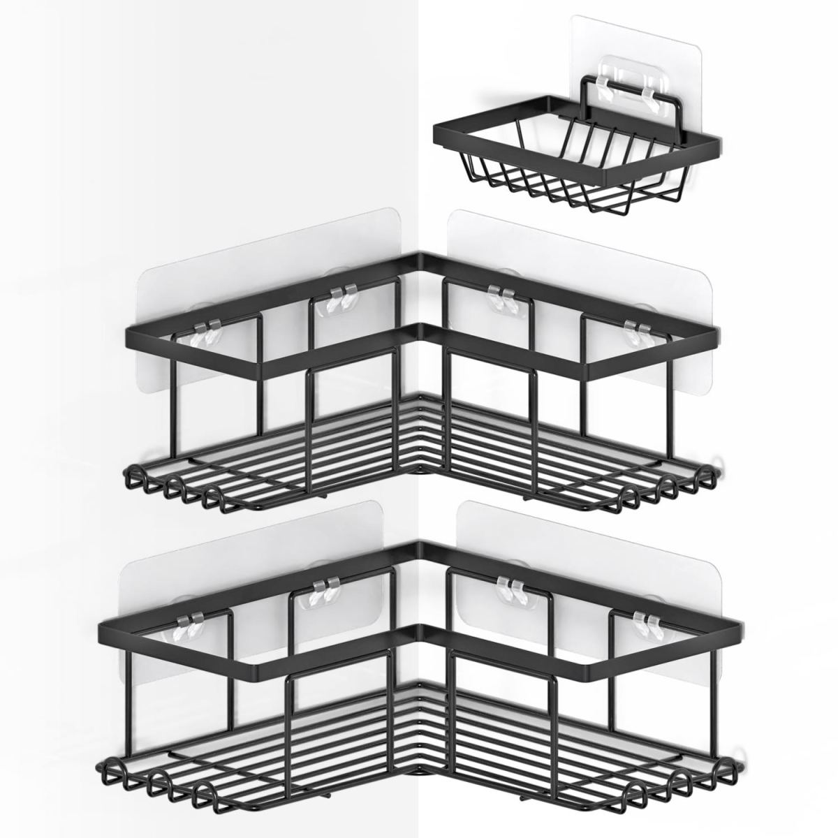 Vinsani 3-Piece Corner Shower Caddy with 6 Hooks & Soap Holder, Rustproof Stainless Steel – No Drilling, Black
